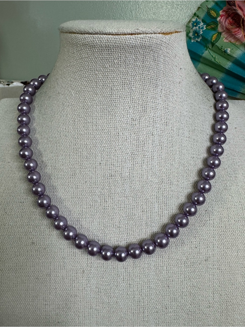Lavender Glass Pearl Strand Necklace with Plunge Clasp Hallmarked 925
